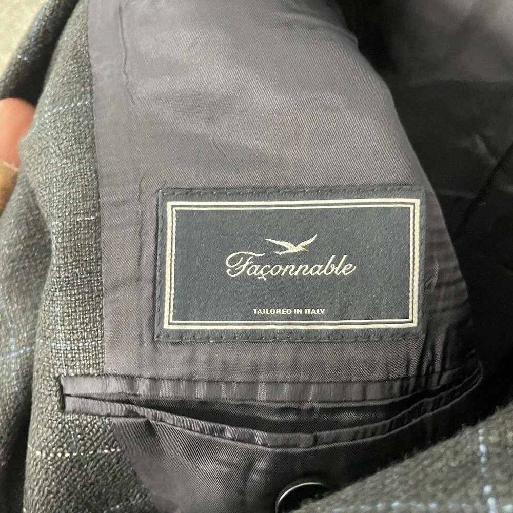 Façonnable‎ Blazer Mens 56 (US 46R) Gray Check Silk Linen Wool Sport Coat Italy